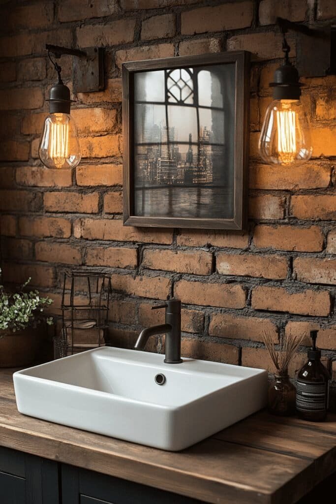 Industrial loft bathroom featuring unique bathroom themes with exposed brick and metal accents.