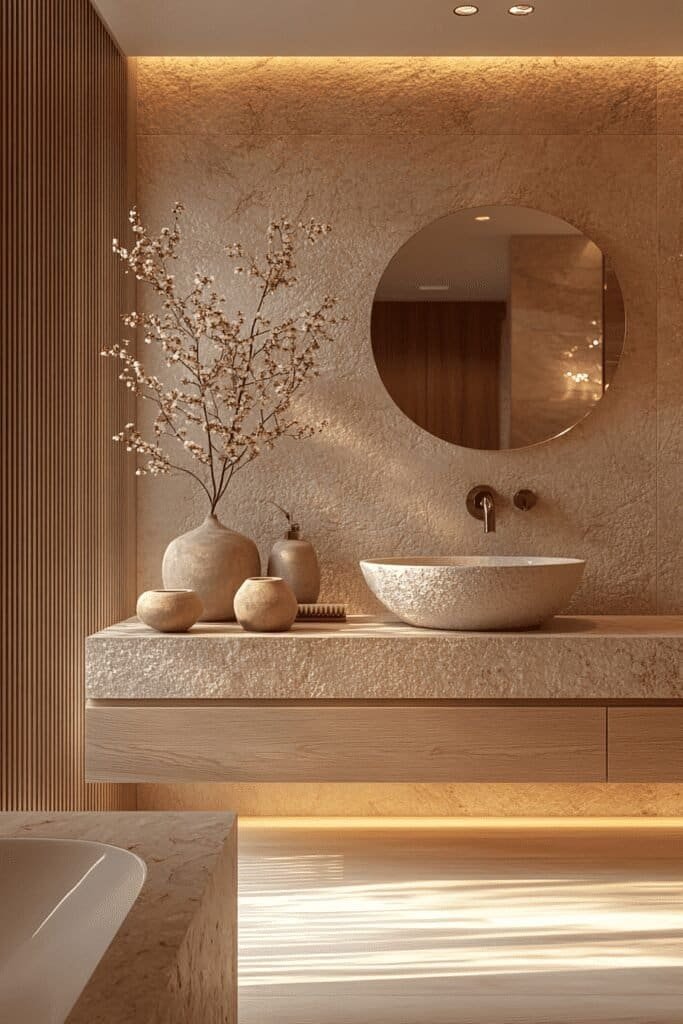 Japandi bathroom decor with clean lines and natural wood accents, combining Japanese and Scandinavian styles.