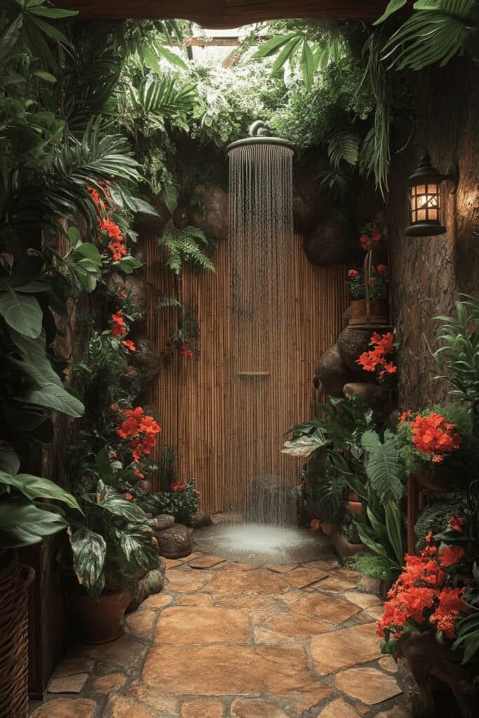 Jungle theme bathroom with lush greenery and natural wood elements.