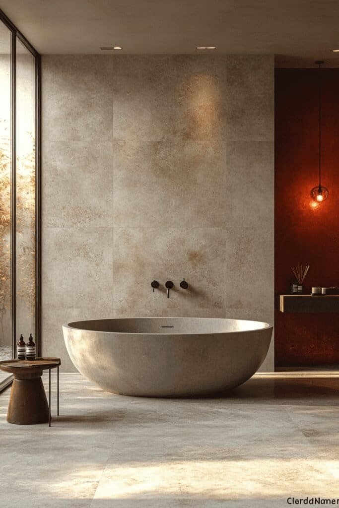 Modern bathroom with large-format porcelain tiles and minimalist design