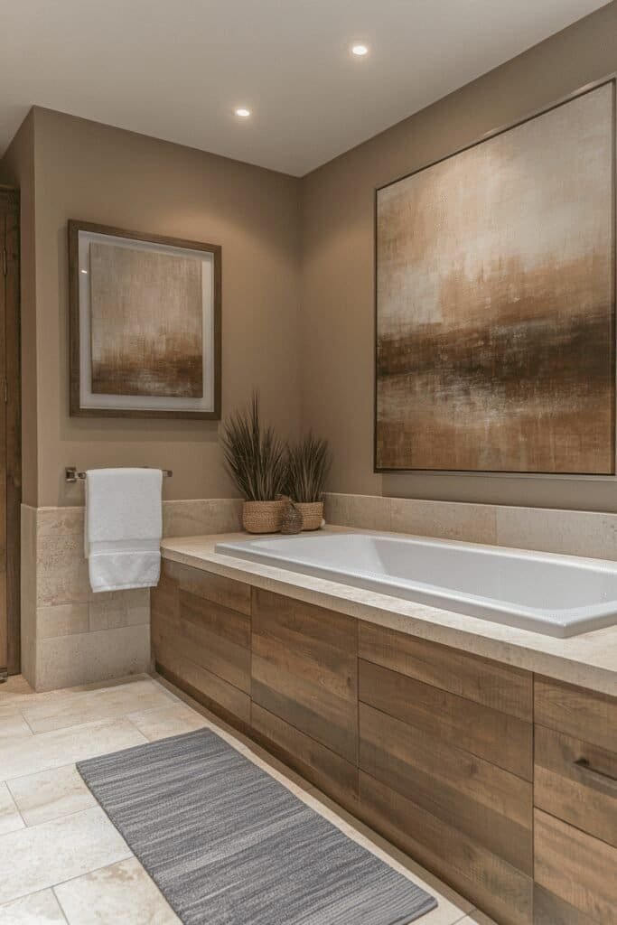 Large statement art piece in a luxury bathroom, showcasing modern bathroom decor wall designs.