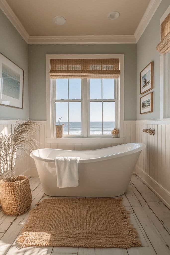 Light and airy beach-themed bathroom with large windows and soft colors.