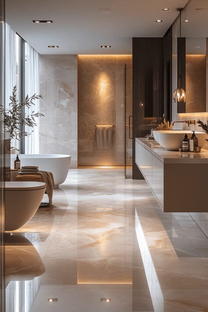 Luxurious marble bathroom tiles with white Carrara and gold fixtures