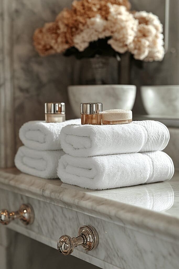 Luxurious bathroom towels showcasing bathroom decor ideas for a high-end look.