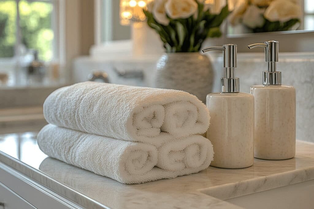 Close-up of high-end finishes in a small bathroom, including marble countertops and a designer faucet.