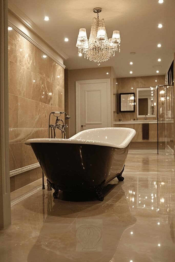 Standalone bath in a luxurious marble bathroom with chandelier, illustrating how to save money on a bathroom remodel while achieving an elegant design.