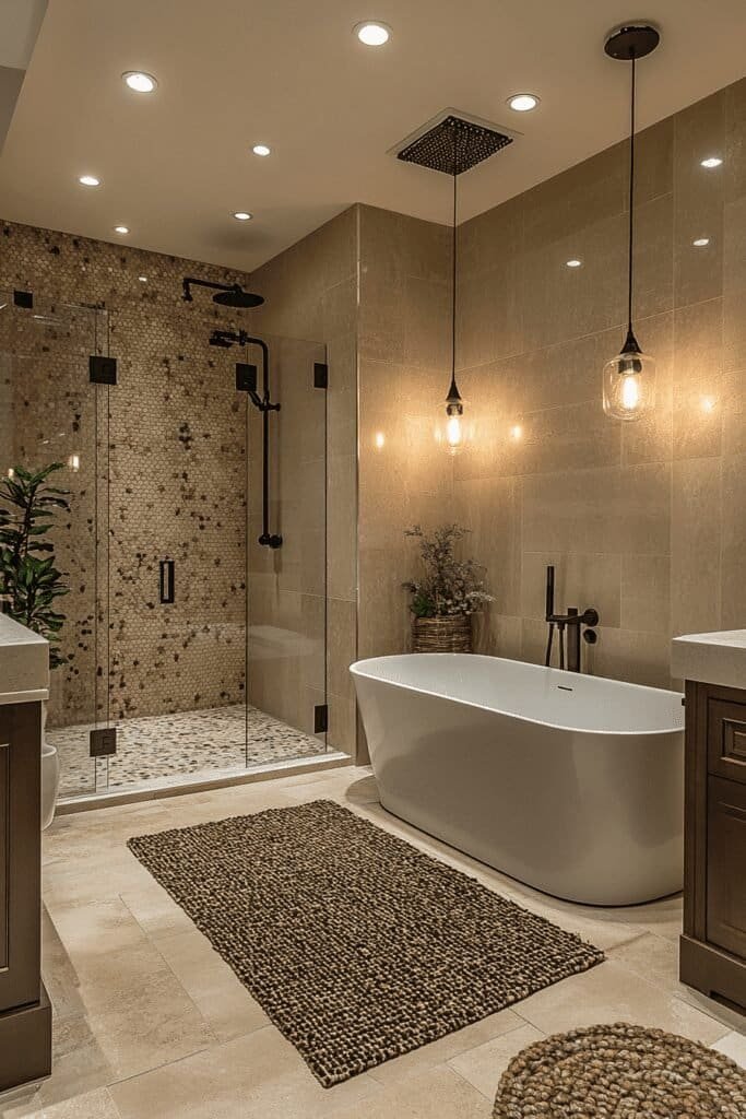 Luxurious wet room with freestanding bathtub and rainfall shower.