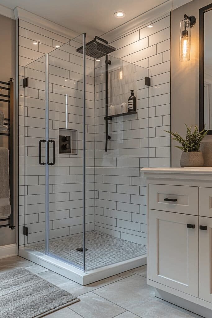 Matte black shower fixtures with glass divider showcasing modern bathroom decor ideas.