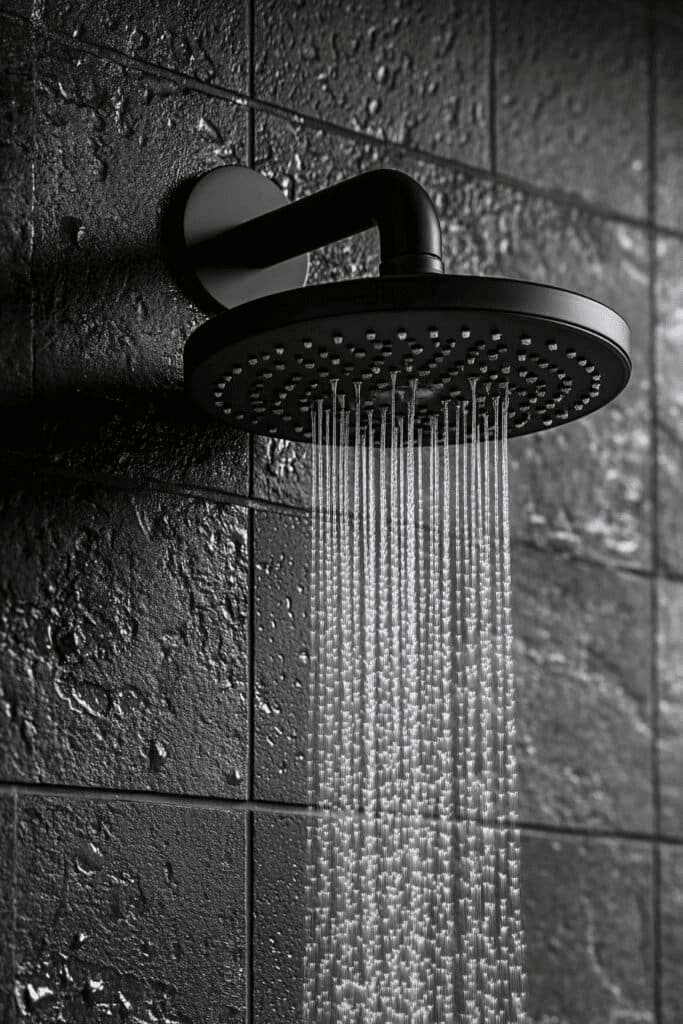 Matte black showerhead fitting demonstrating modern bathroom fittings for a bold look.