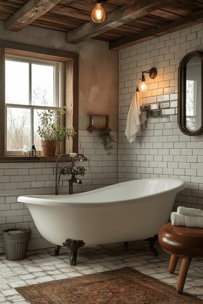 Farmhouse bathroom featuring rustic metal fixtures and industrial lighting.