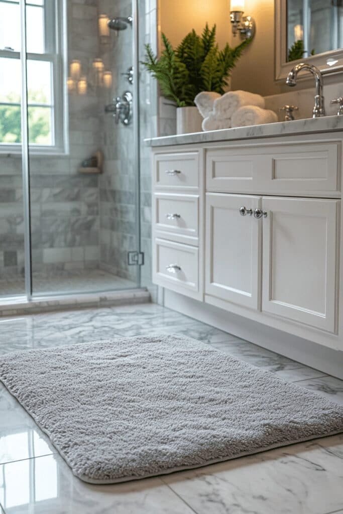 Absorbent microfiber bathroom rug in front of a glass shower