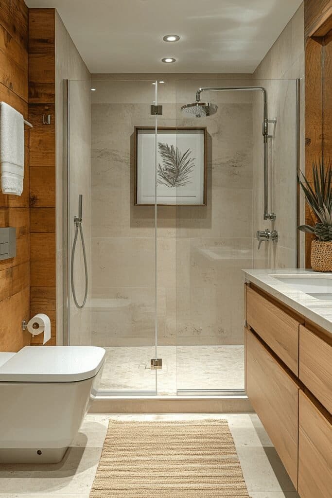 Minimalist small bathroom design with compact fixtures and neutral colors.