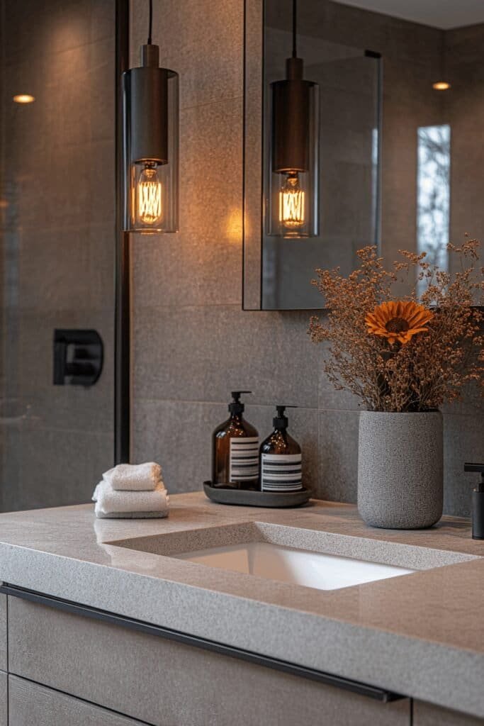 Minimalist pendant lighting in a modern bathroom highlighting decor ideas for sleek lighting solutions.