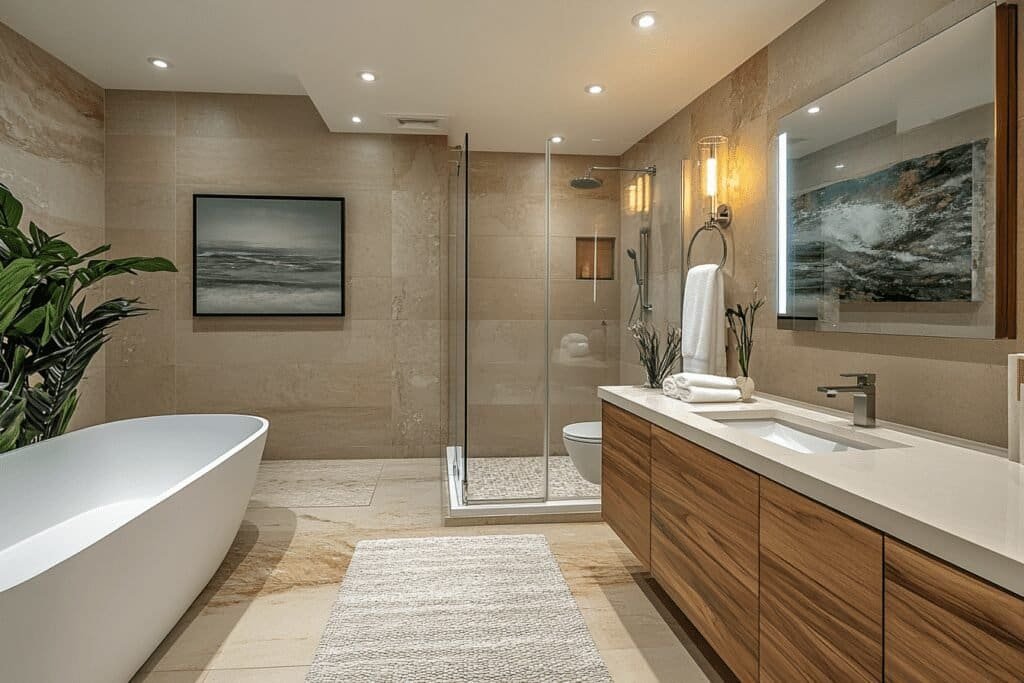 Stylish modern bathroom with sleek vanity, walk-in shower, and minimalist décor.