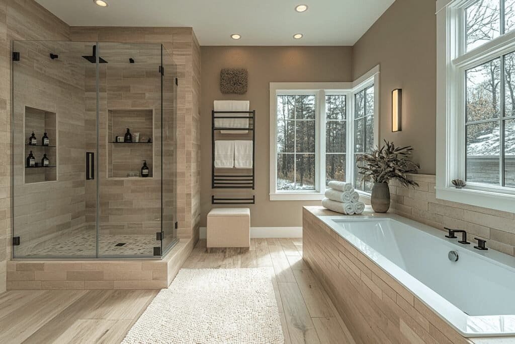 Modern walk-in shower with frameless glass doors and sleek tile design.