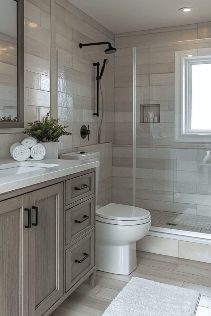 A sleek modern minimalist bathroom, showcasing clean lines and neutral tones in an inspirational bathroom design