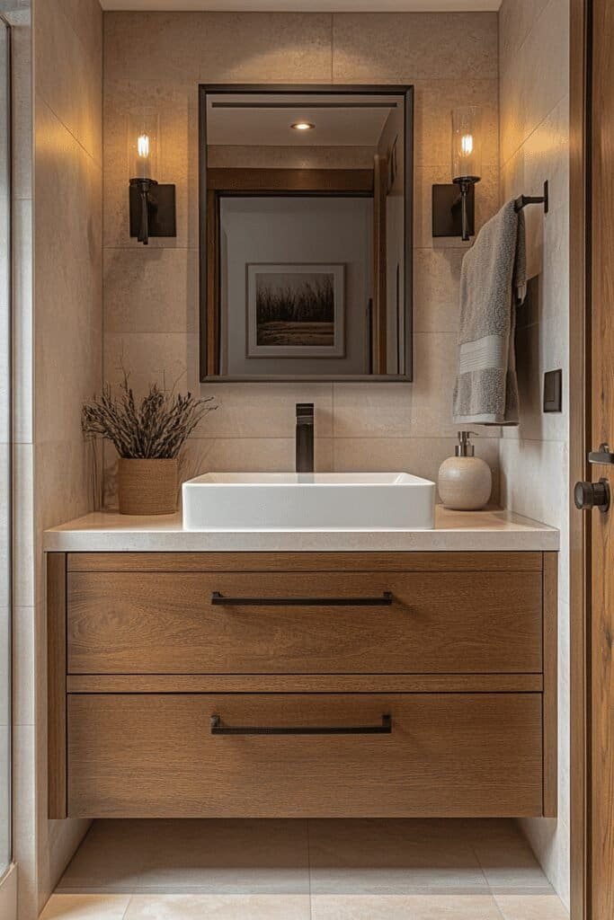 Modern small bathroom with sleek fixtures and minimalist design, showing how to remodel small bathrooms.