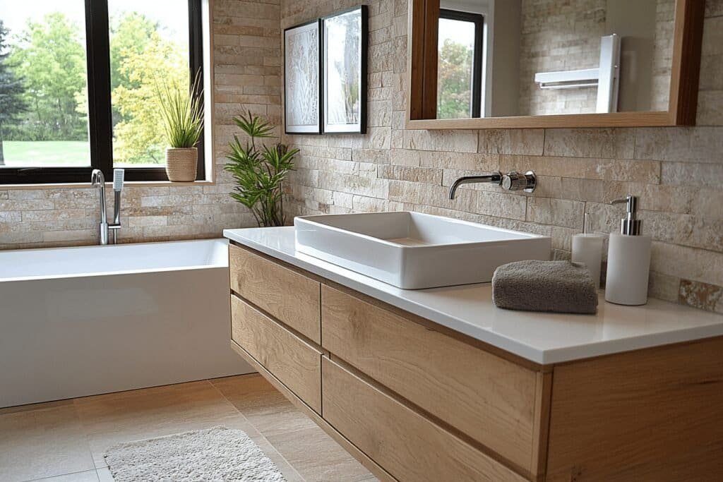 Modern wet room showcasing sleek, minimalist bathroom design with waterproof tiles.