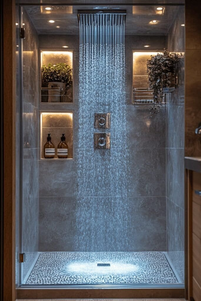 Sleek modern walk-in shower with glass doors and a rainfall showerhead