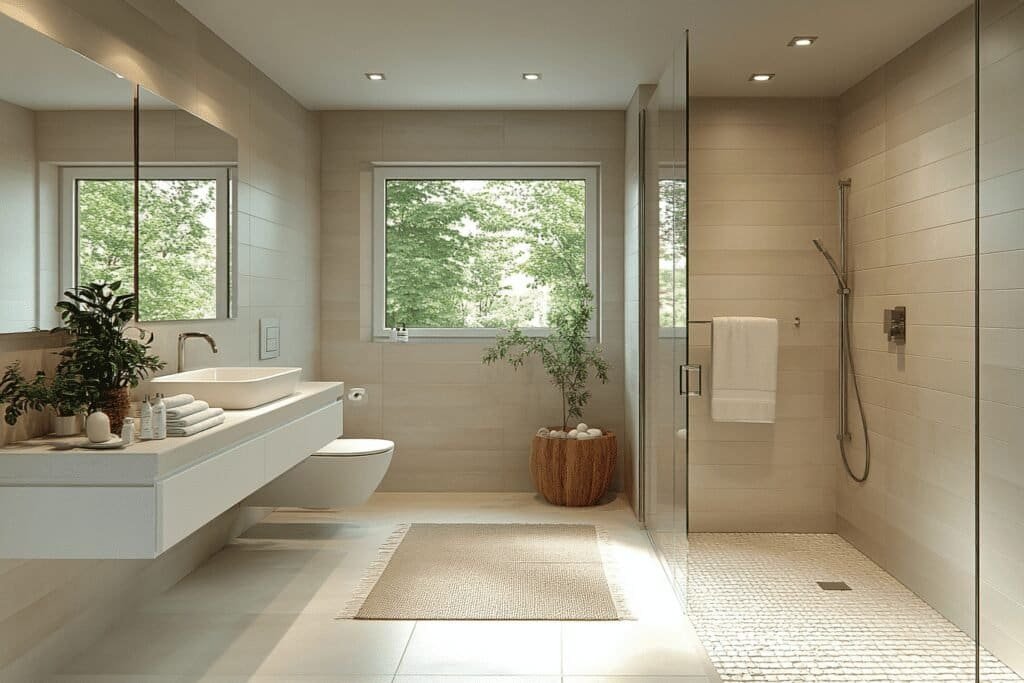 Modern walk-in shower with large tile walls, highlighting a sleek bathroom design using tile walls in shower