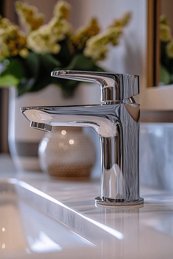 Modern chrome faucet showcasing bathroom fittings in a sleek, contemporary design.