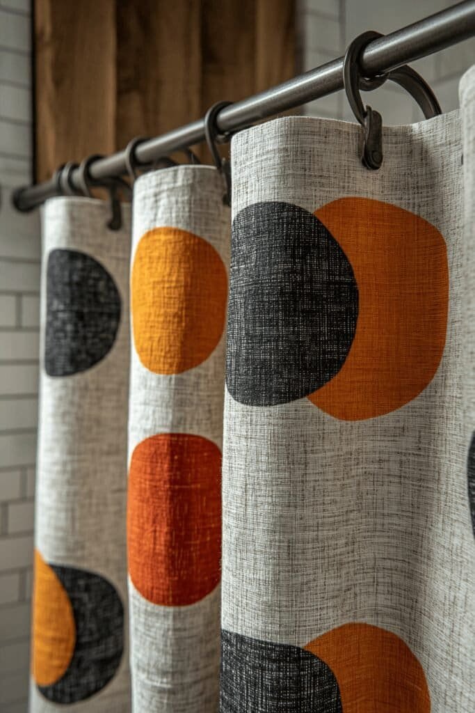 Close-up of a modern shower curtain showcasing bathroom accessories and stylish patterns.