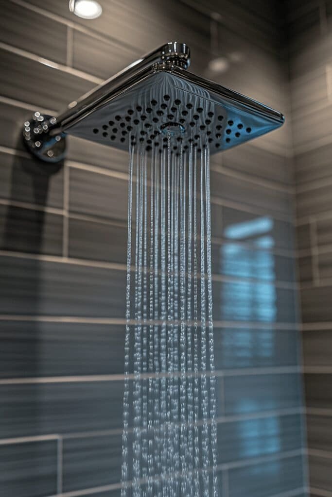 Close-up of a sleek chrome rain showerhead with water droplets, highlighting modern bathroom design.