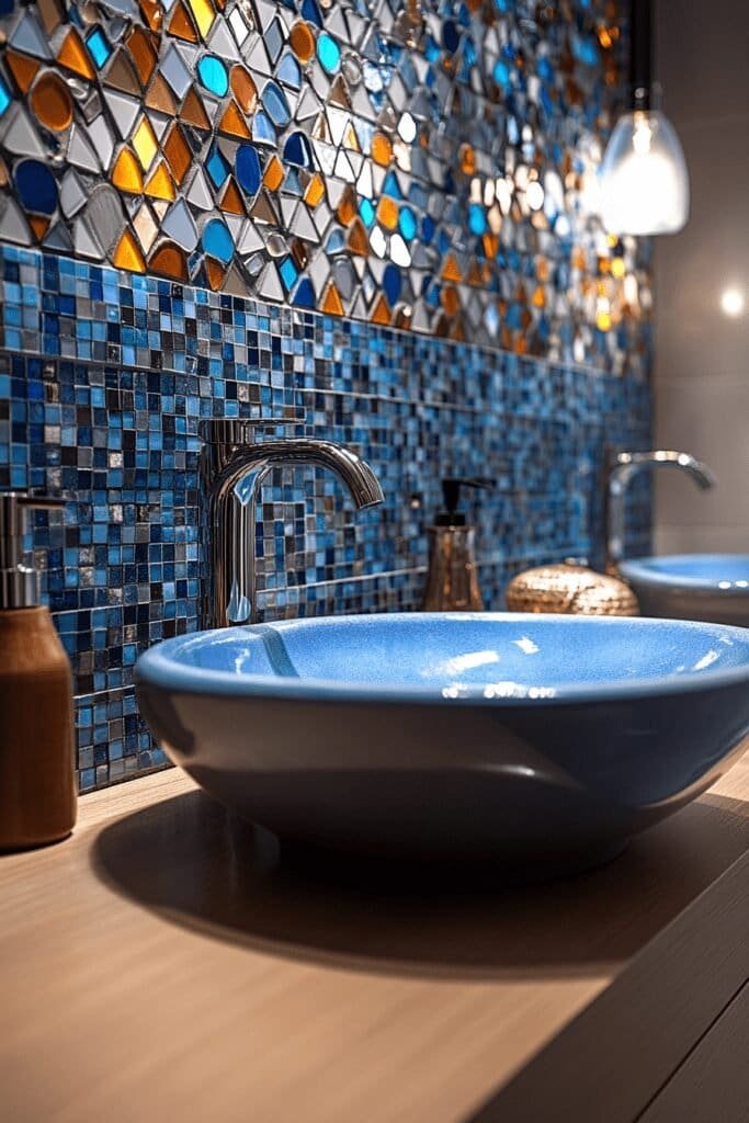 Bathroom mosaic tile accent wall with intricate geometric patterns