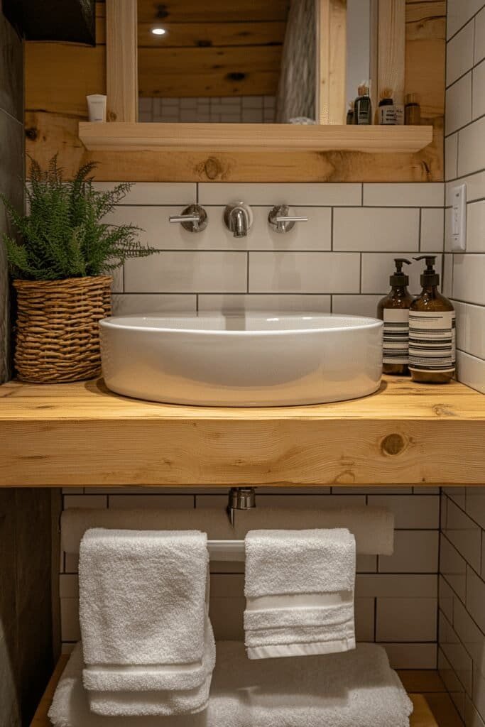 DIY small bathroom with natural wood countertop and vessel sink for a rustic, modern design.