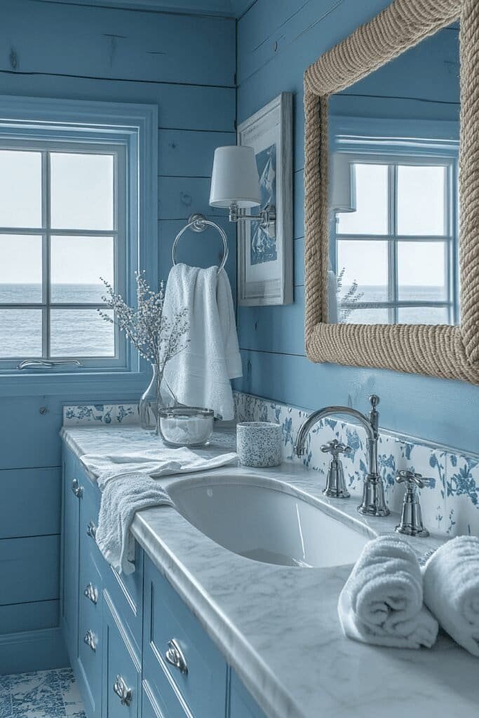 Nautical beach-themed bathroom with rope accents and anchor decor.