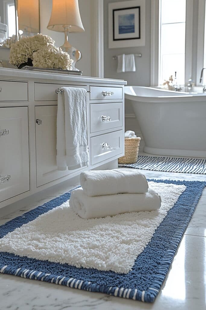 Beach-themed bathroom featuring nautical stripes on towels and rugs.