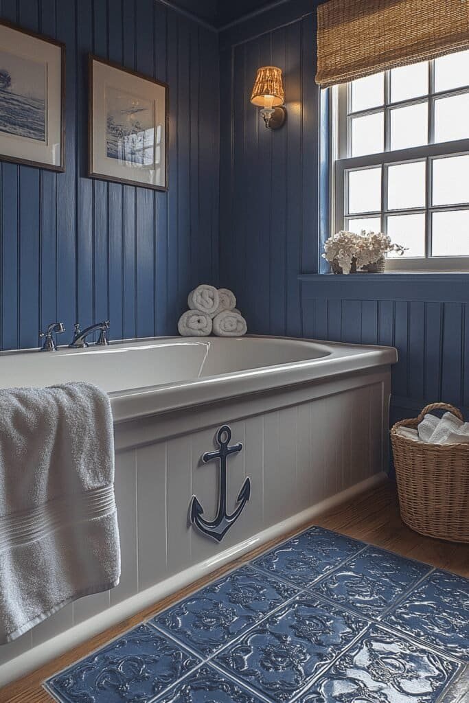 Nautical theme bathroom with navy blue accents and rope details.