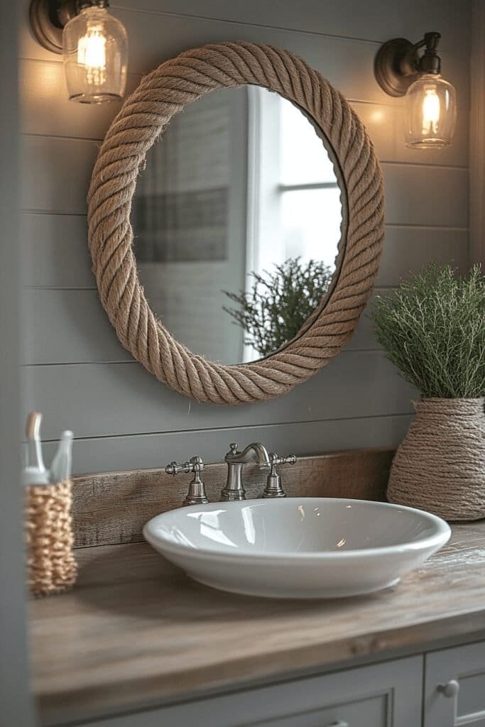 Nautical-themed round bathroom mirror with rope frame