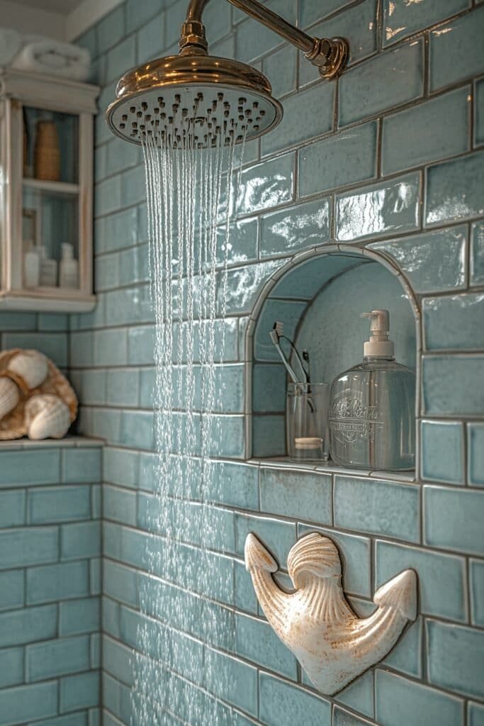 Tiled shower with nautical elements in a stylish beach themed bathroom.