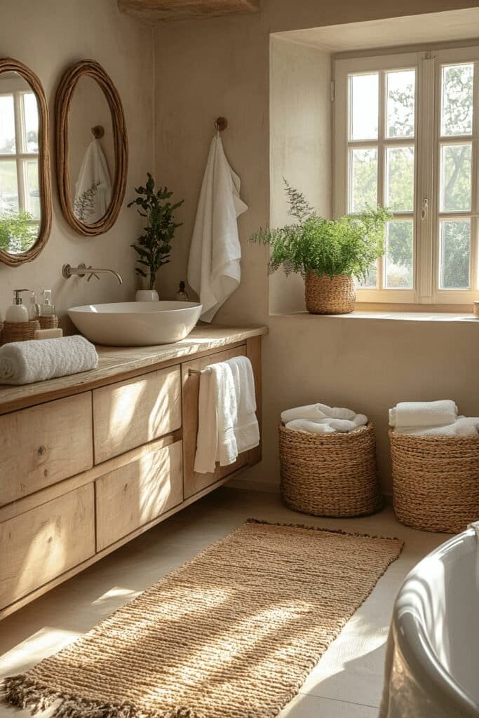 Neutral-toned bathroom highlighting serene bathroom color ideas with beige walls and natural wood accents.