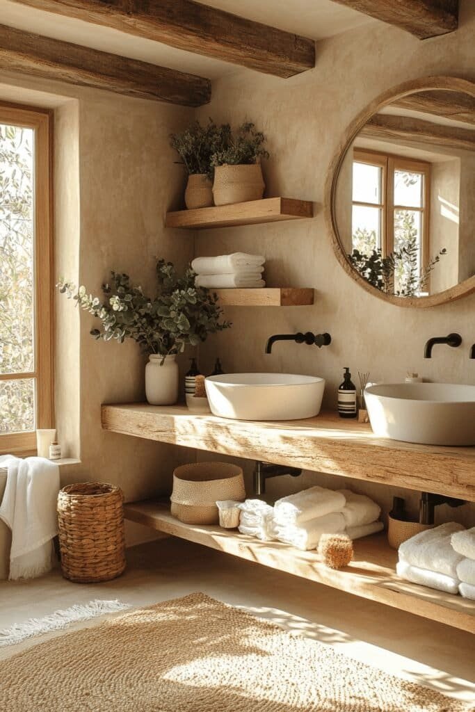 Neutral-toned bathroom with beige walls and natural wood accents.