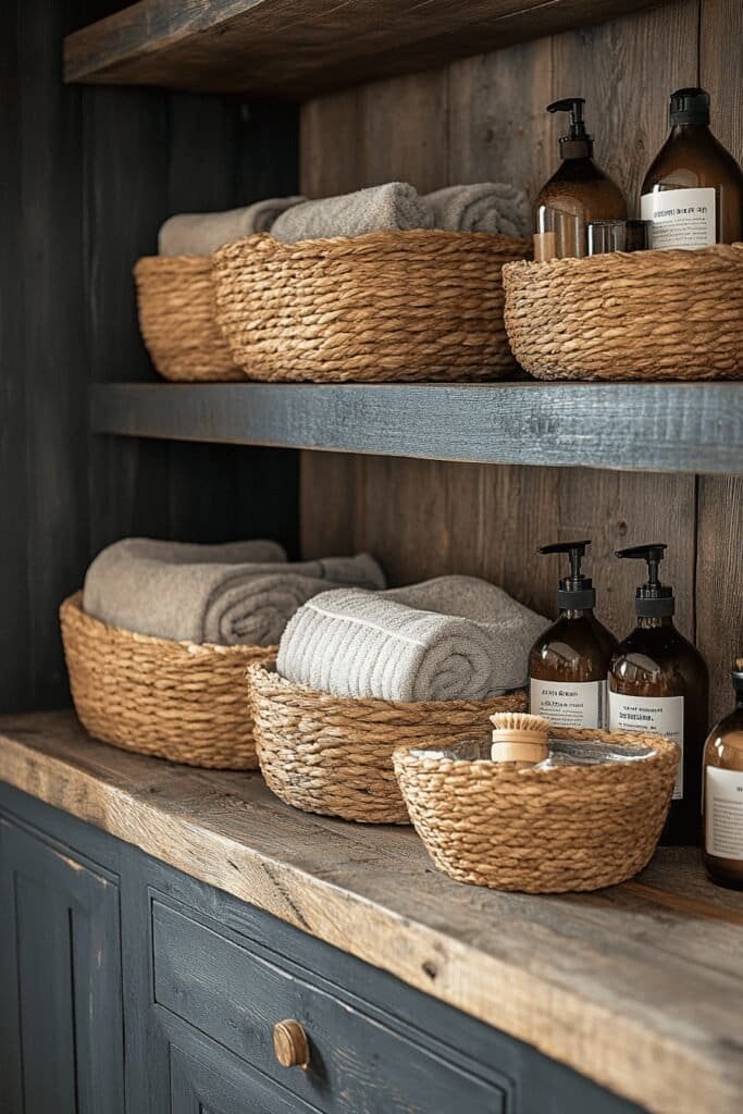 Farmhouse bathroom with open shelving and woven baskets for storage.