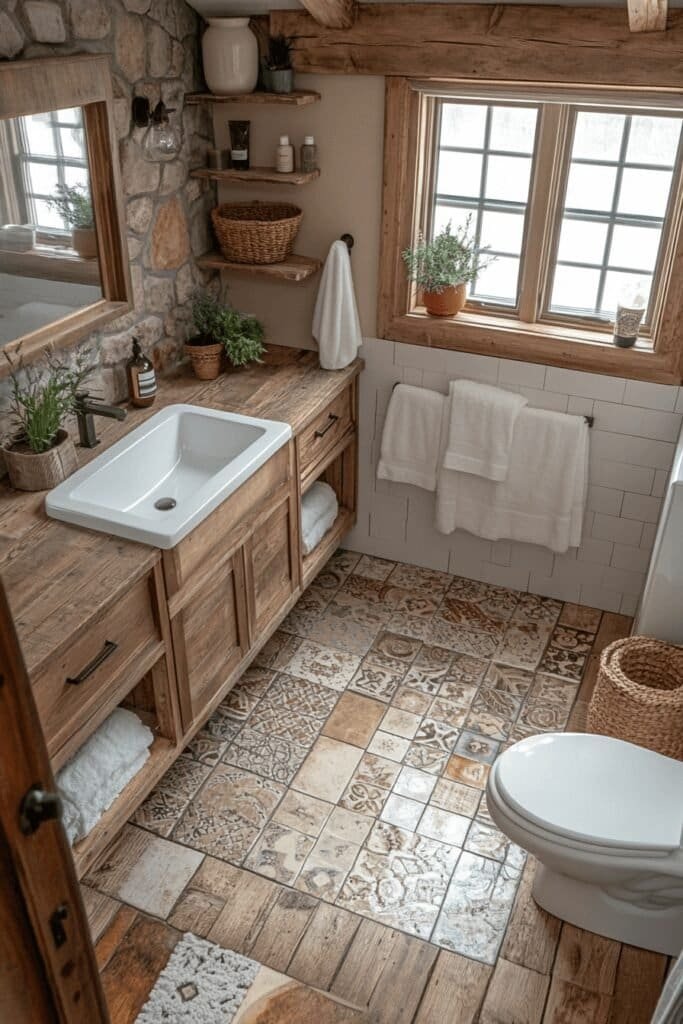 Overhead view of a farmhouse bathroom with wooden elements and a tiled floor.