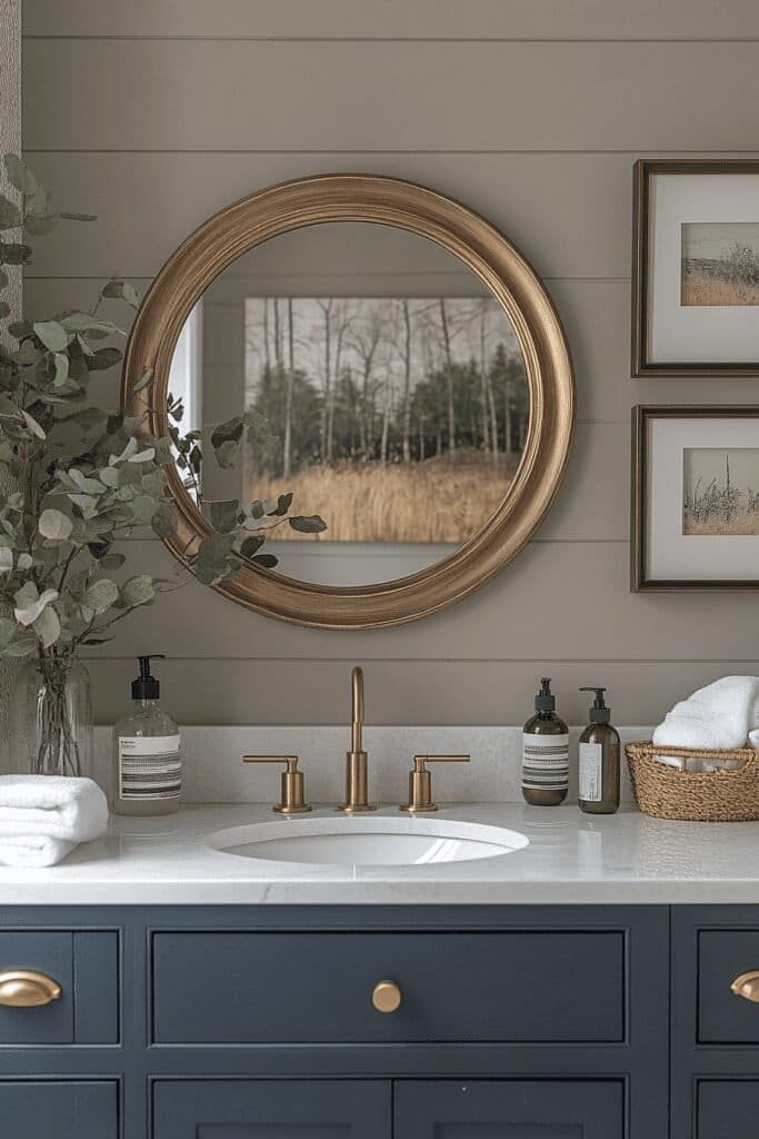 Oversized mirror with framed art in a high-end bathroom design