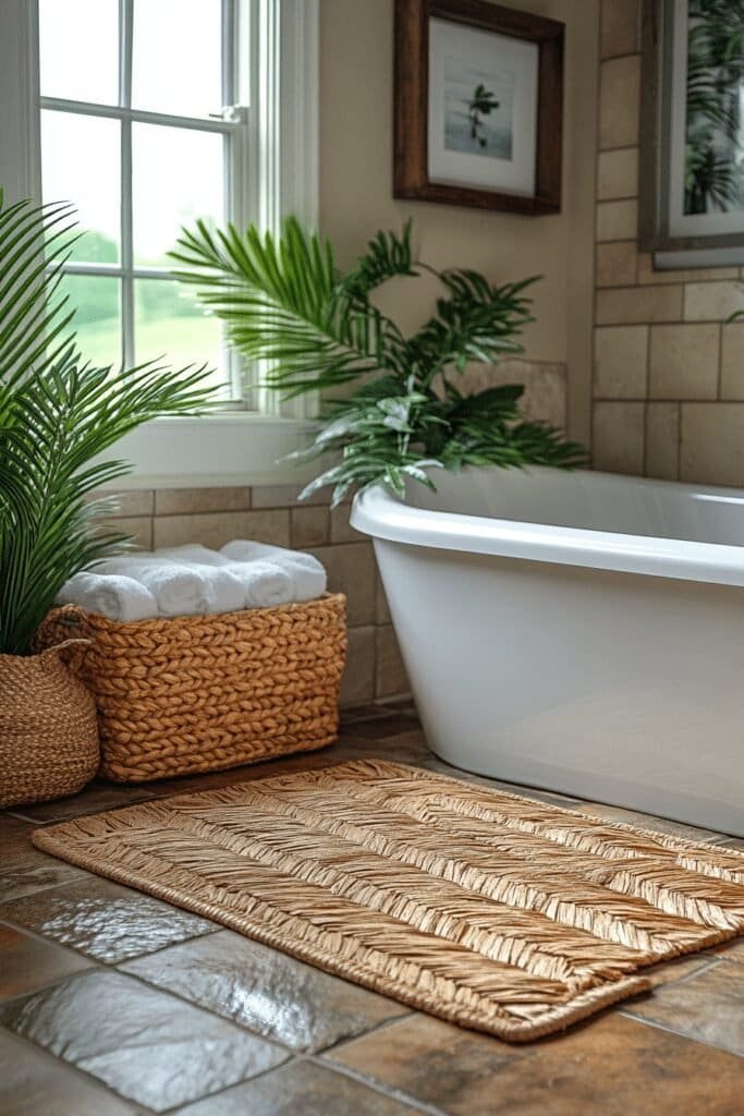 Woven palm leaf rug for a natural beach-themed bathroom decor