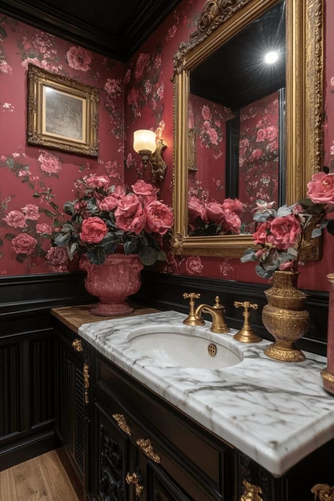 Chic Paris-style bathroom with gold accents and marble countertops.