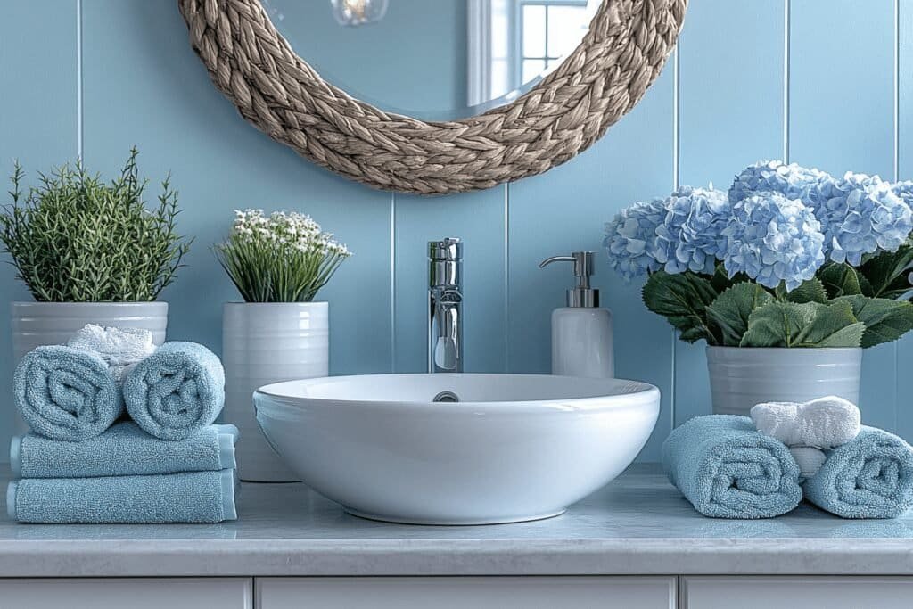 Pastel bathroom with light blue walls and white accents