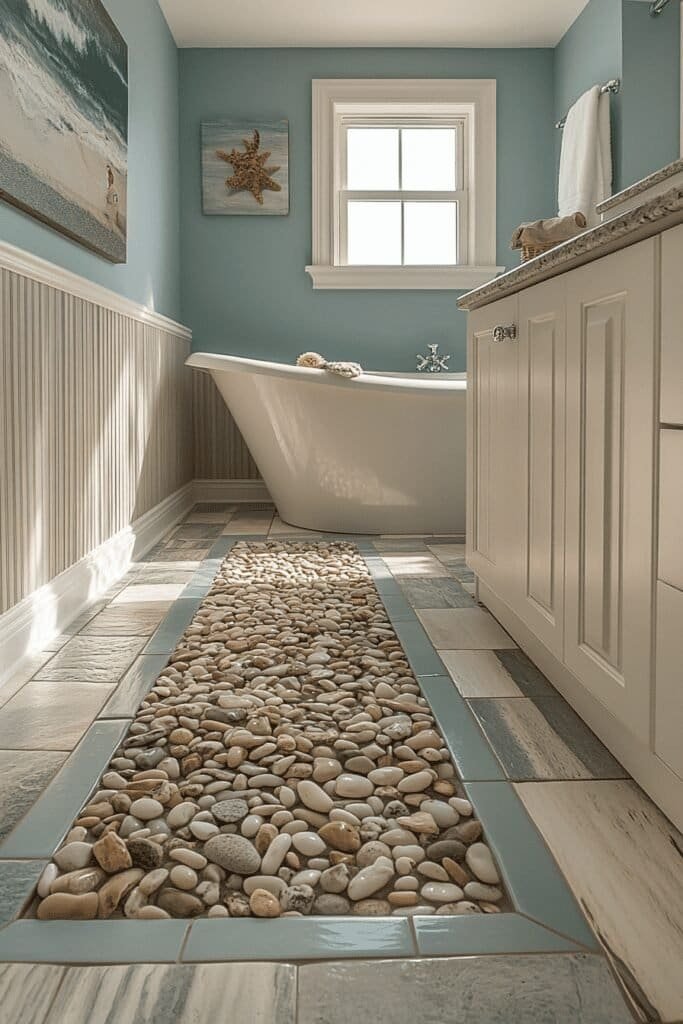 Beach-themed bathroom with a pebble tile shower floor and natural textures.