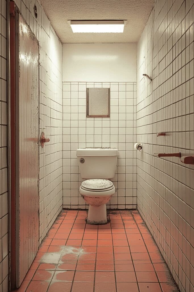 Public restroom with visible mold growth in the corners of the walls