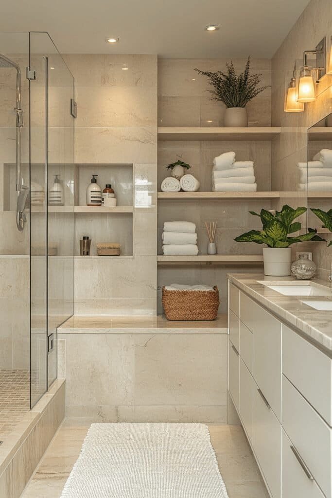 Recessed shelving in a modern bathroom, showcasing built-in storage for bathroom decor ideas.