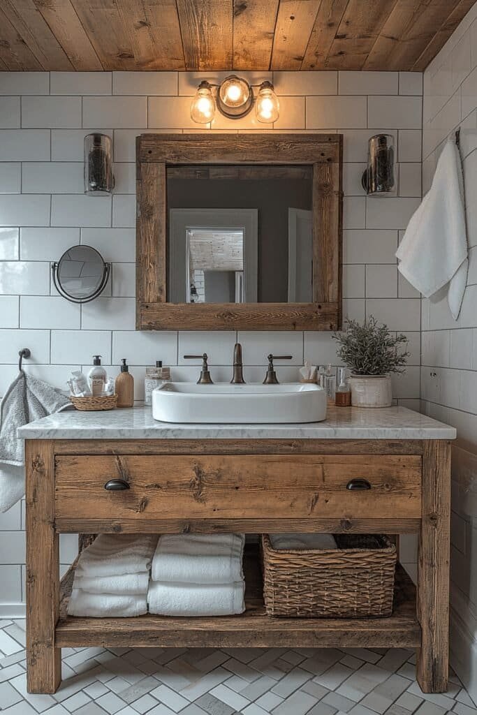 Farmhouse bathroom decor featuring a reclaimed wood vanity and rustic tile flooring.