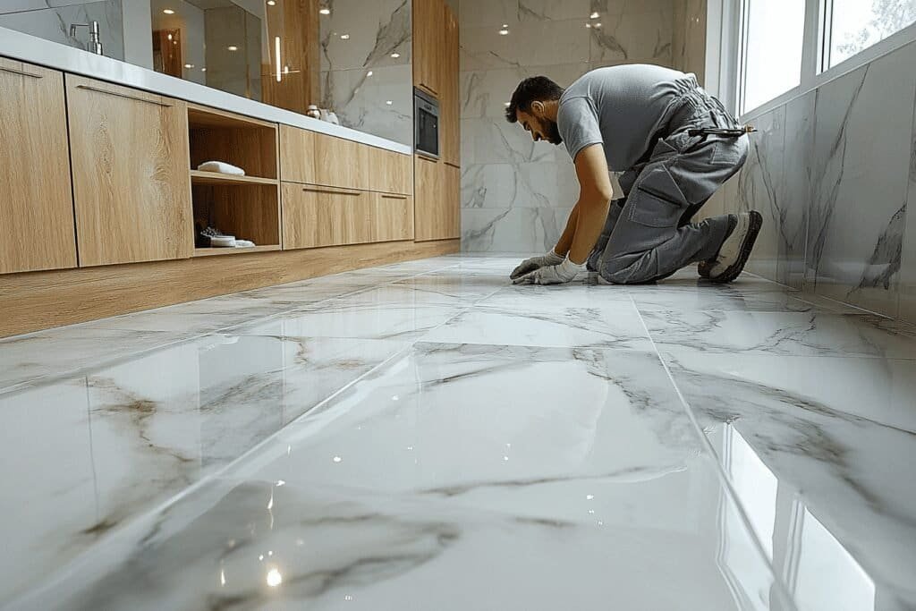 Close-up of bathroom tiles being regrouted with fresh grout between the tiles