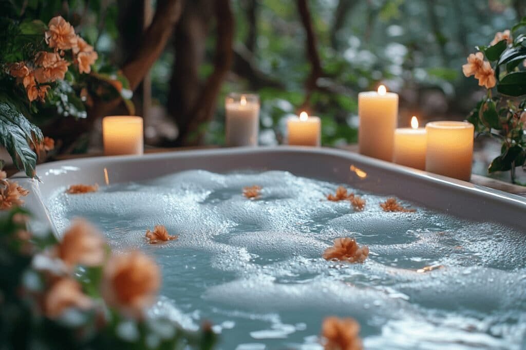 Soaking bath with essential oils and candles for a spa-like experience