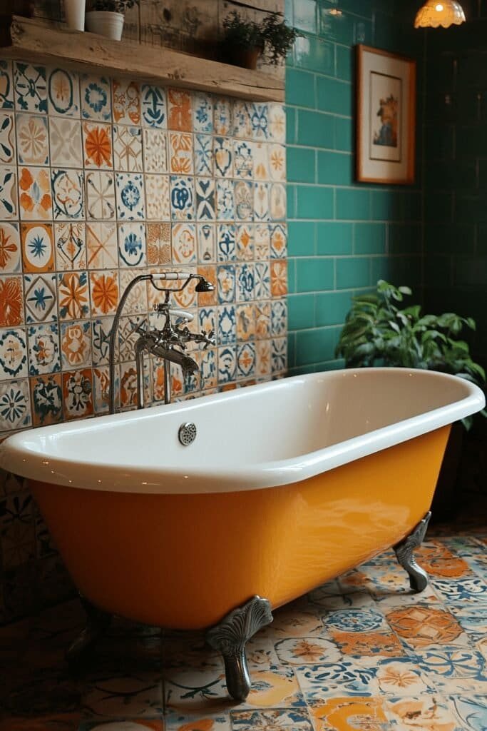 A vibrant retro 60s-inspired bathroom, part of inspirational bathrooms design with bold patterns and bright tiles.