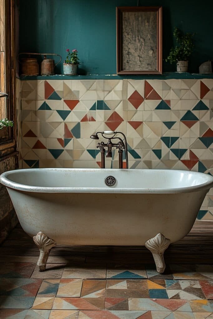 Retro-inspired bathroom with bold 60s patterns and clawfoot tub